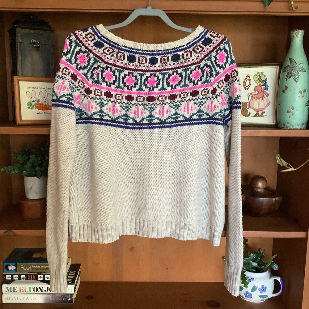 American Eagle Fair Isle Sweater Cream Multicolour Pullover Knit Size M - Picture 5 of 9